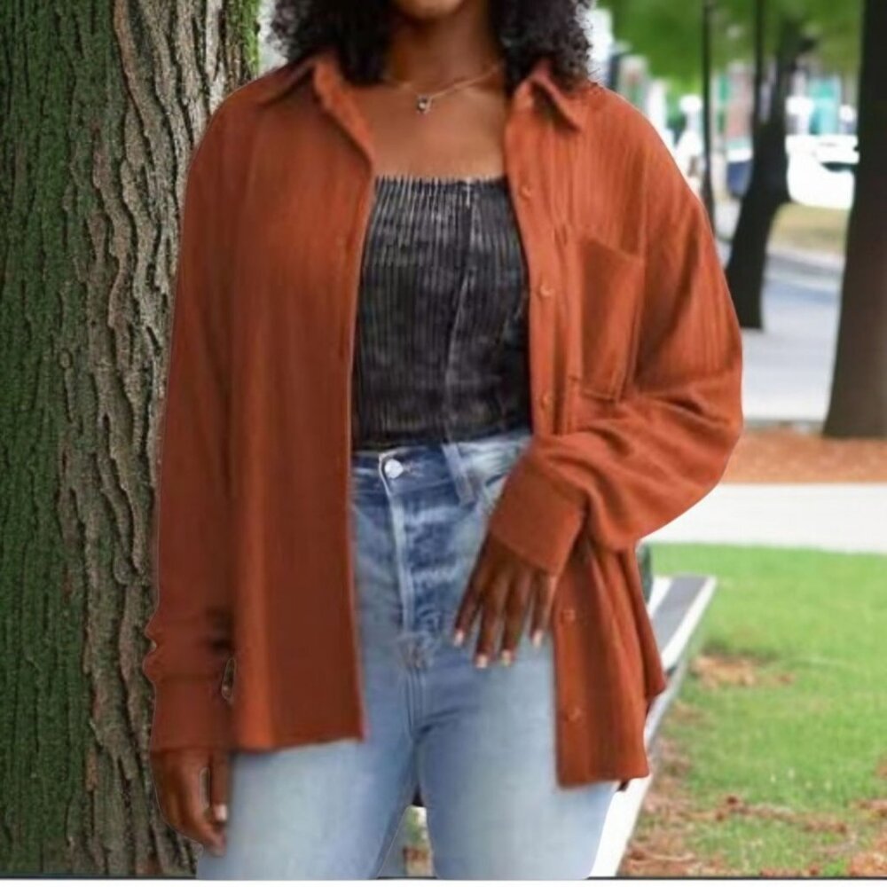 NWT BKE ( S/M ) Cable Knit Long Sleeve Button Down Shirt "Baked Clay" Color